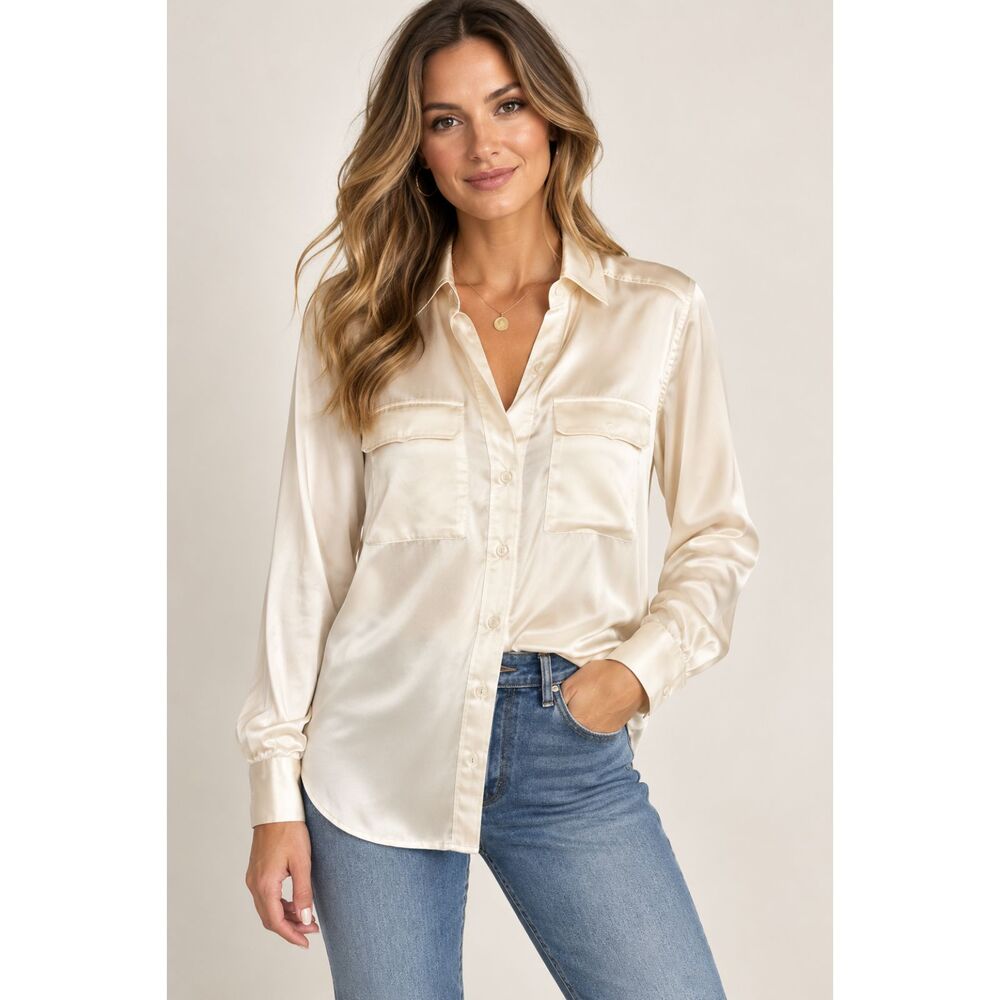 Equipment Satin Button Down Shirt Ivory Medium Oversized Utility Blouse